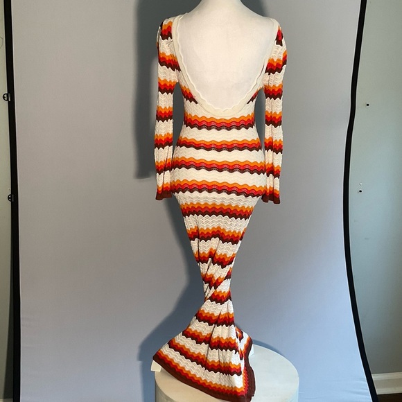 Bodycon Striking Striped Long Sleeve Crocheted Maxi Dress with Deep Scoop Back - Picture 16 of 16